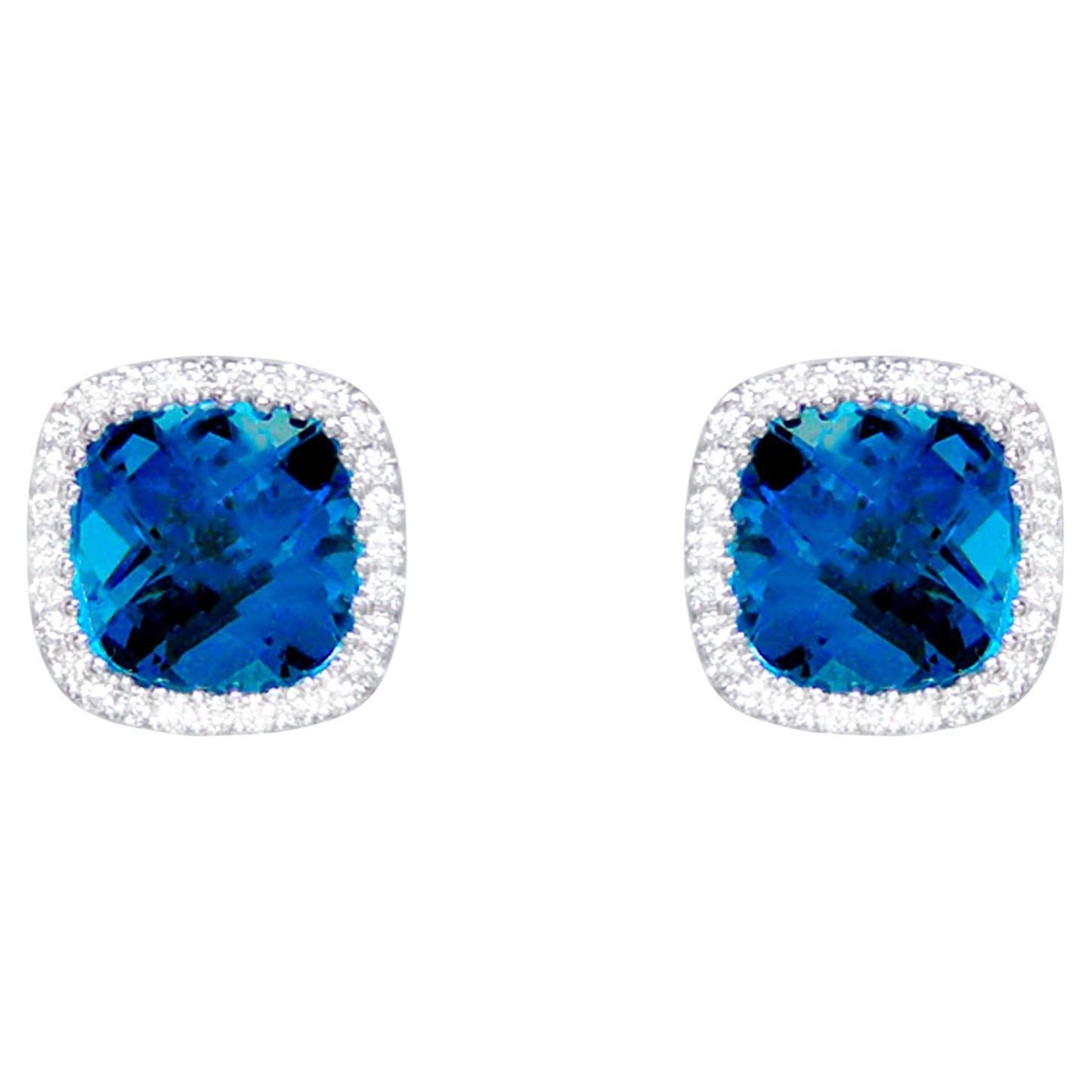 London Blue Topaz Stud Earrings Diamond Halo 3.40 Carats 18K White Gold