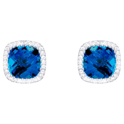 London Blue Topaz Stud Earrings Diamond Halo 3.40 Carats 18K White Gold