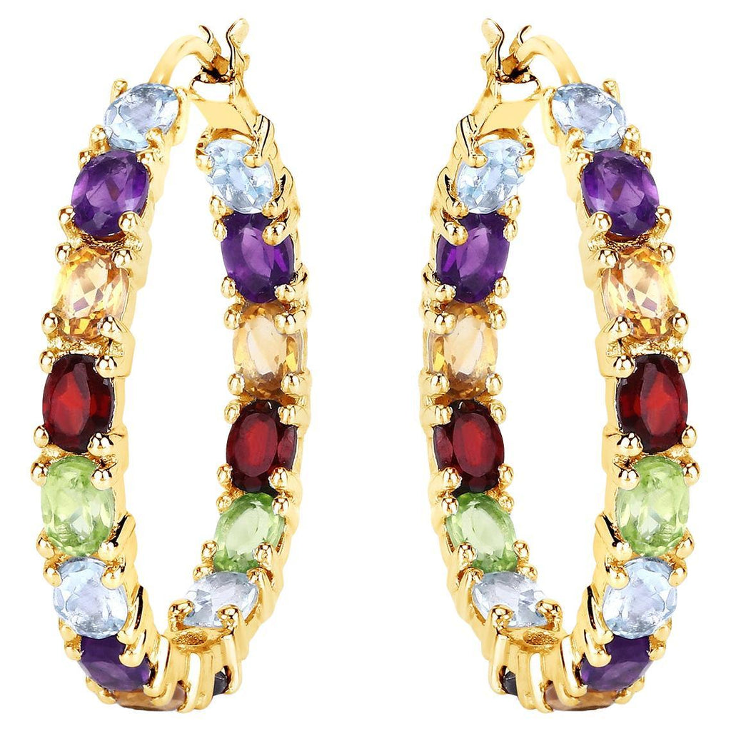 Multicolor Gemstones Hoop Earrings 5.4 Carats 14K Yellow Gold Plated Silver