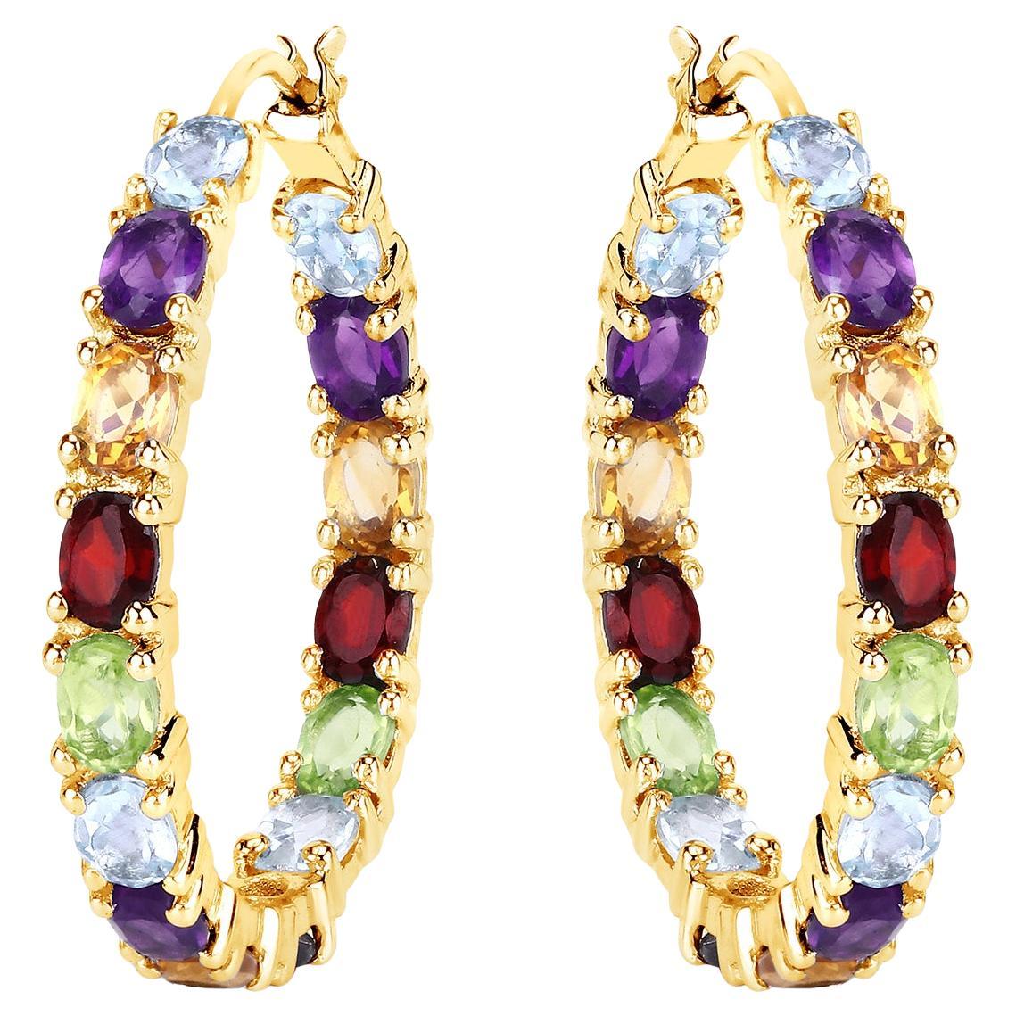 Multicolor Gemstones Hoop Earrings 5.4 Carats 14K Yellow Gold Plated Silver