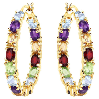 Multicolor Gemstones Hoop Earrings 5.4 Carats 14K Yellow Gold Plated Silver