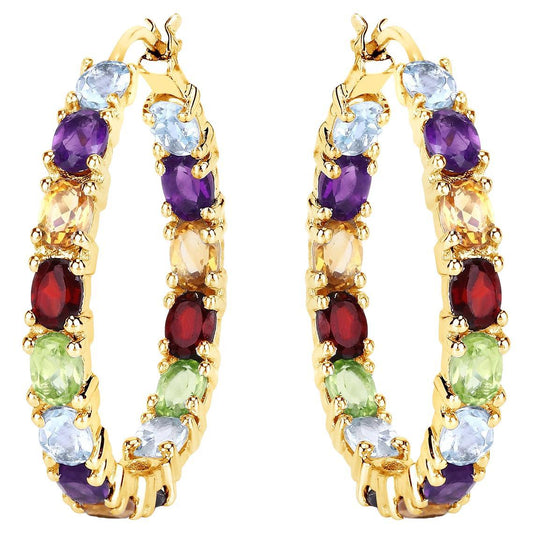 Multicolor Gemstones Hoop Earrings 5.4 Carats 14K Yellow Gold Plated Silver