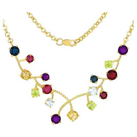 Multicolored Natural Gemstones Necklace 6.2 Carats 18K Yellow Gold Plated Silver