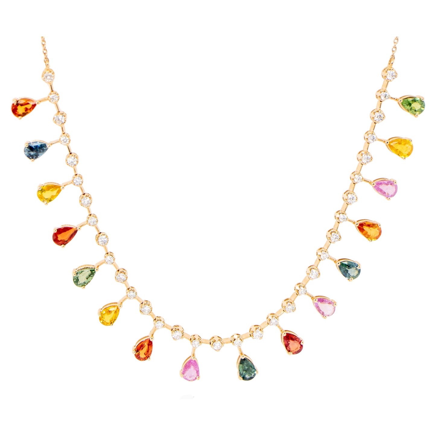 Multicolored Sapphires and Diamonds Necklace 8.7 Carats 18K Gold