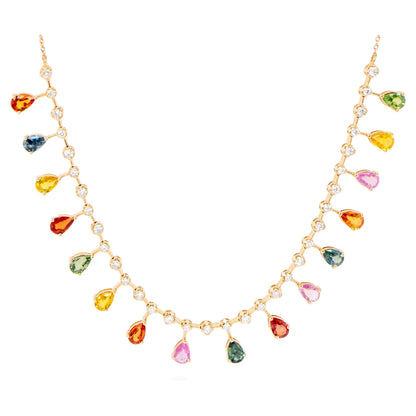 Multicolored Sapphires and Diamonds Necklace 8.7 Carats 18K Gold