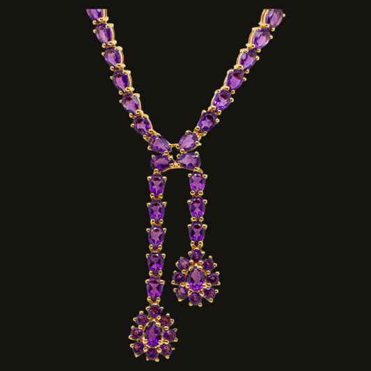 Natural Amethyst Double Drop Necklace 32 Carats 24K Yellow Gold Plated Silver