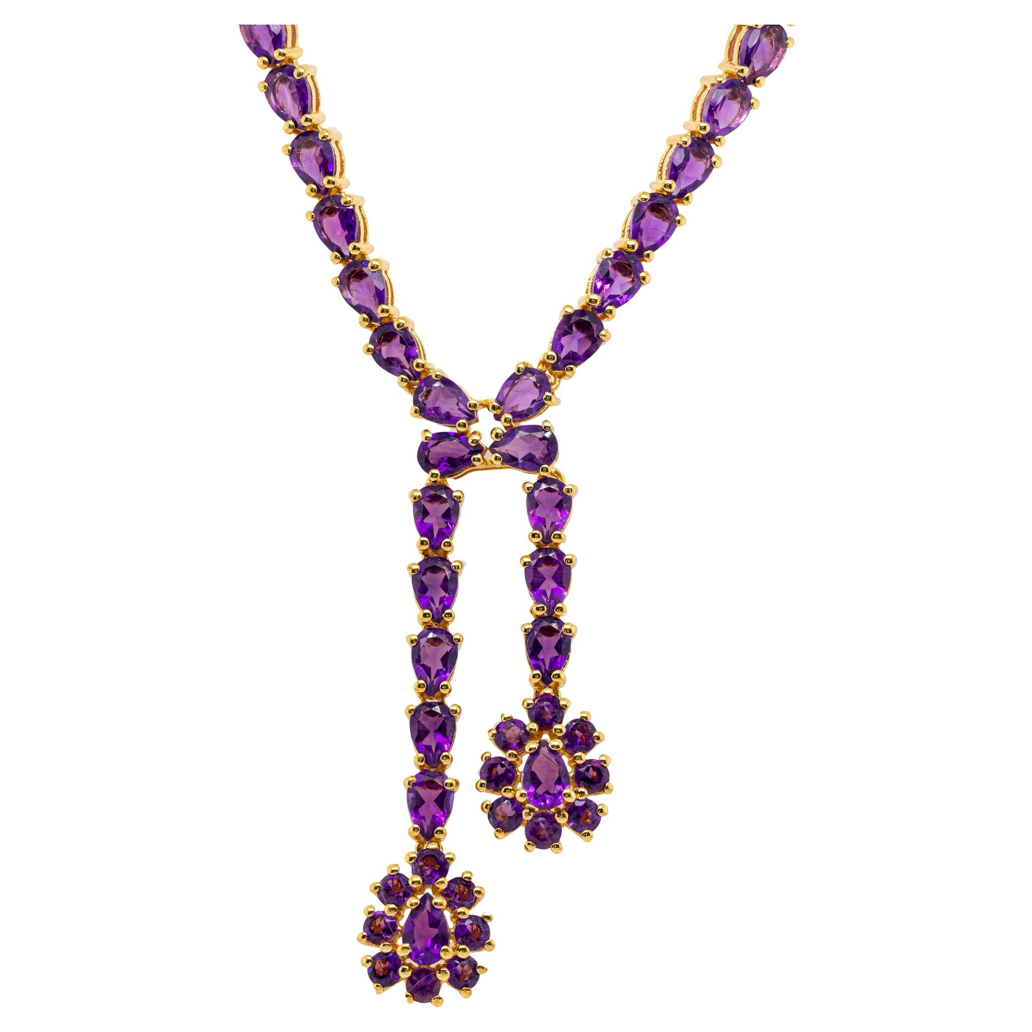 Natural Amethyst Double Drop Necklace 32 Carats 24K Yellow Gold Plated Silver