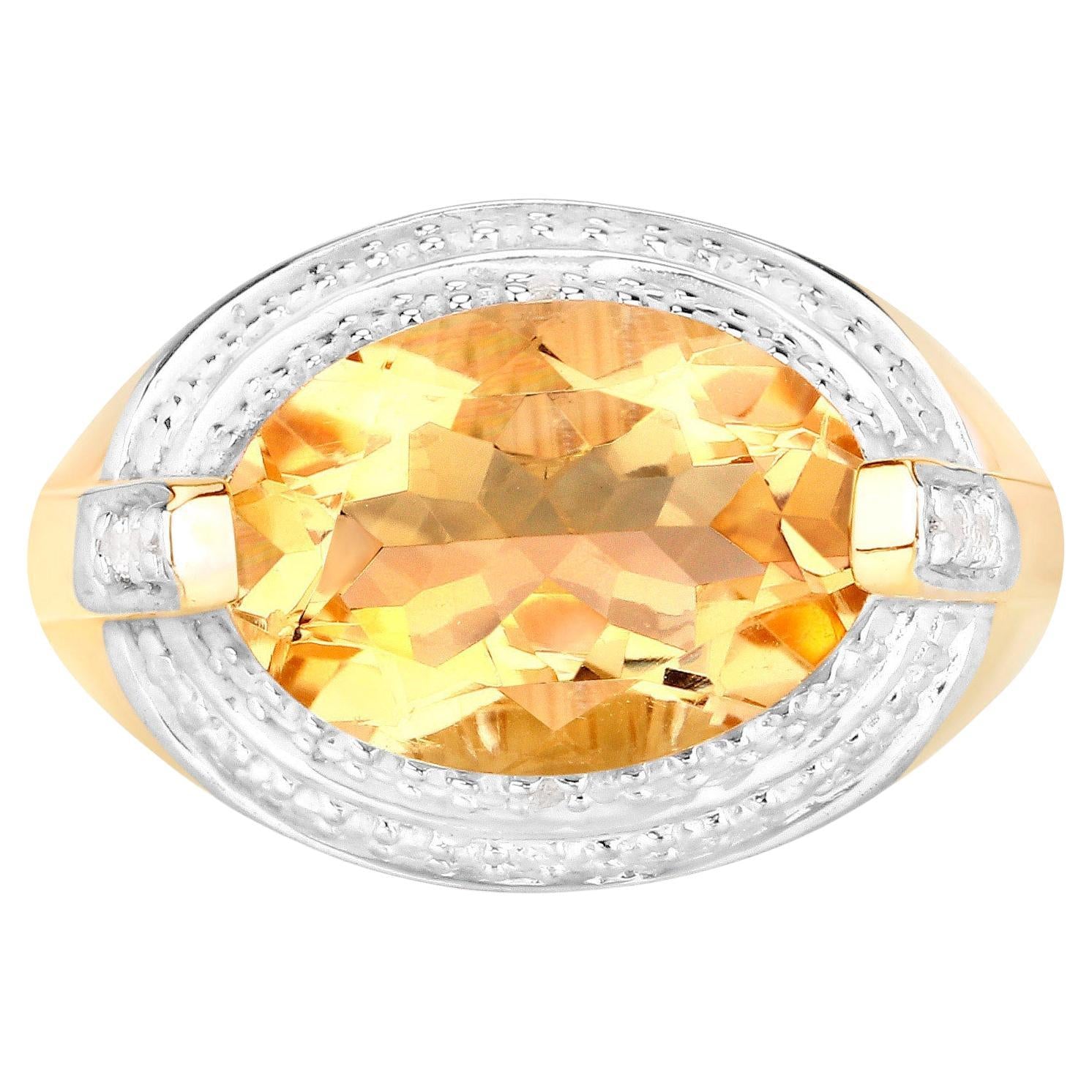Natural Citrine Ring With Diamonds 4.58 Carats 14K Yellow Gold Plated Silver