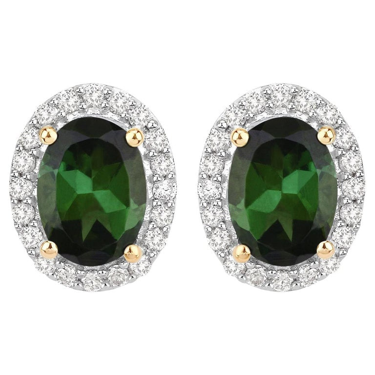 Natural Green Tourmaline and Diamond Halo Earrings 2 Carats 14K Yellow Gold