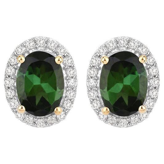 Natural Green Tourmaline and Diamond Halo Earrings 2 Carats 14K Yellow Gold