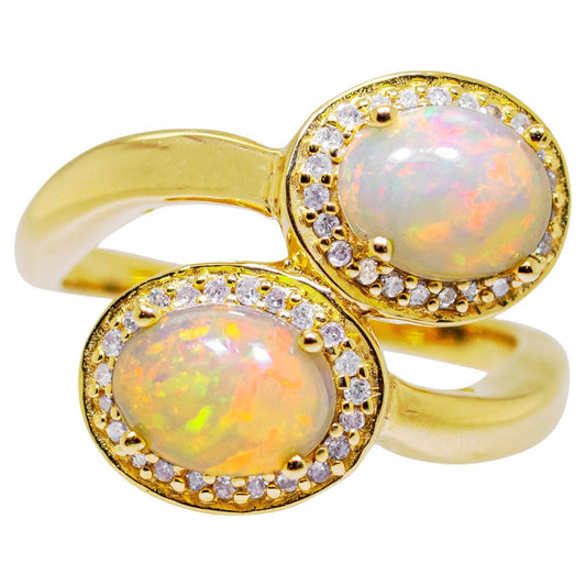 Natural Opal Bypass Ring With Diamonds 1.91 Carats 24K Yellow Gold Plated Silver