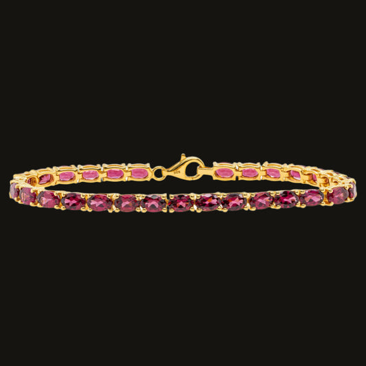 Natural Rhodolite Garnet Tennis Bracelet 15 Carats 24K Yellow Gold Plated Silver