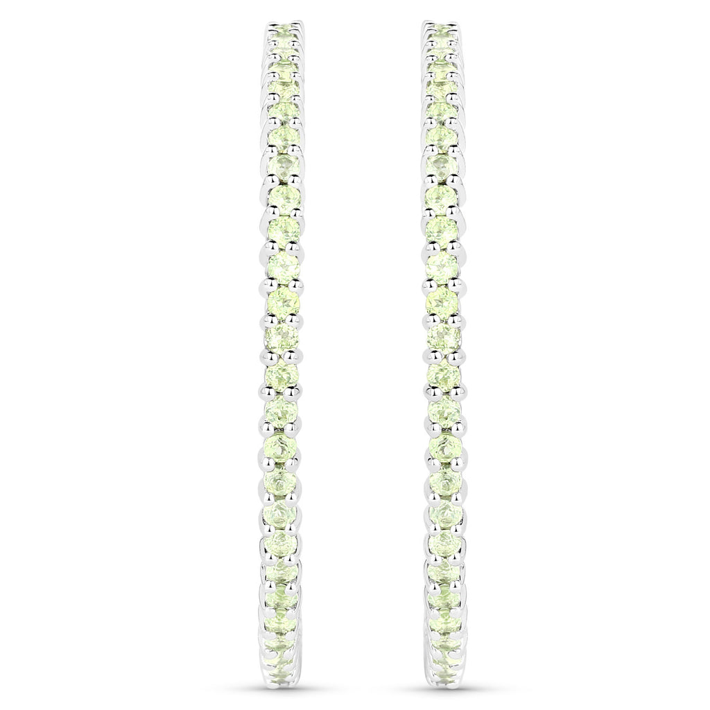 Natural Peridot Hoop Earrings Total 3.50 Carats Rhodium Plated Silver