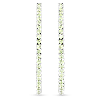 Natural Peridot Hoop Earrings Total 3.50 Carats Rhodium Plated Silver