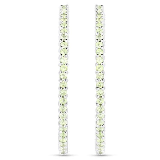 Natural Peridot Hoop Earrings Total 3.50 Carats Rhodium Plated Silver