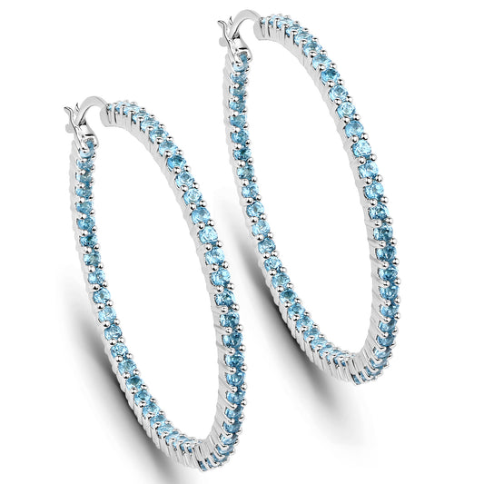 Natural Swiss Blue Topaz Hoop Earrings Total 3.60 Carats Rhodium Plated Silver