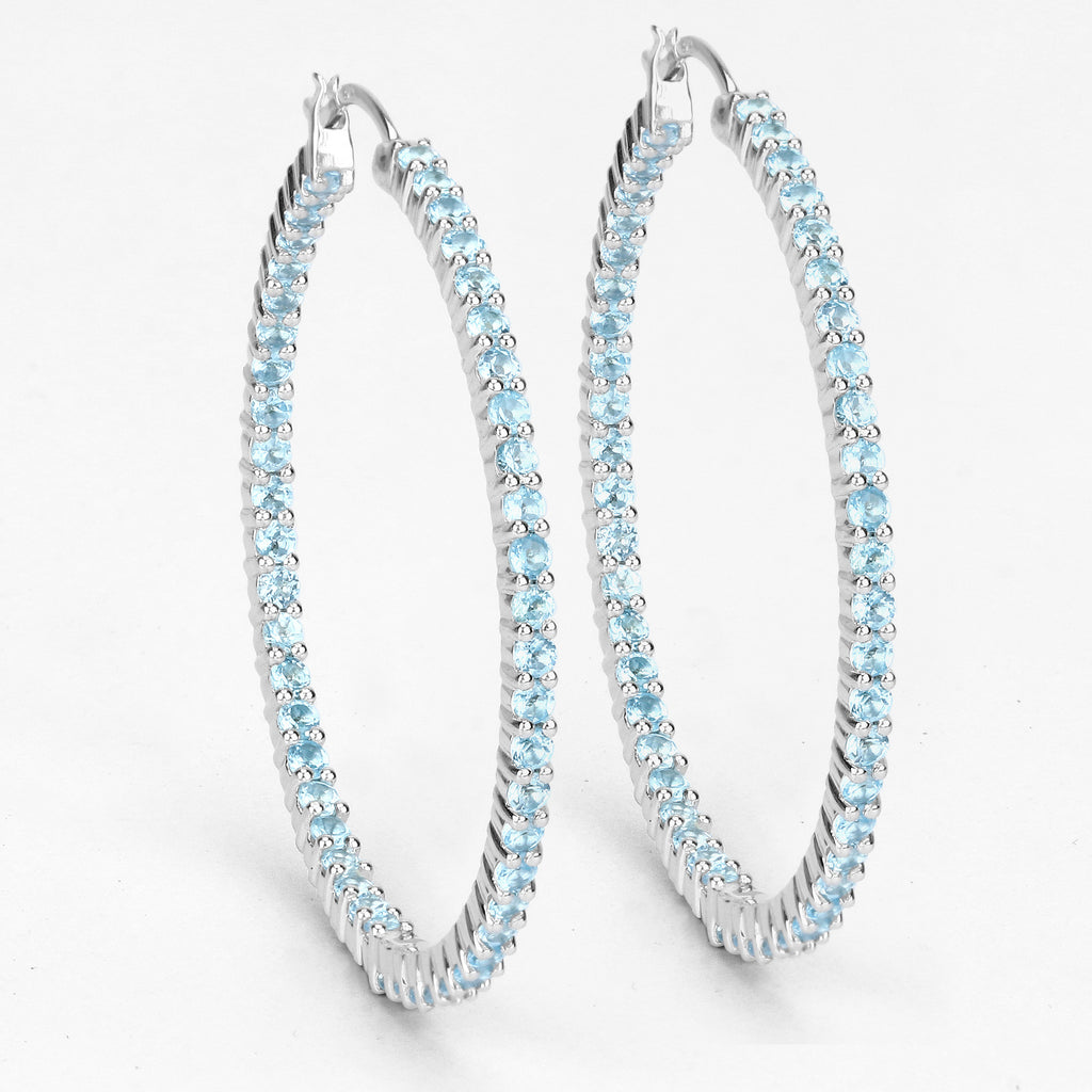 Natural Swiss Blue Topaz Hoop Earrings Total 3.60 Carats Rhodium Plated Silver