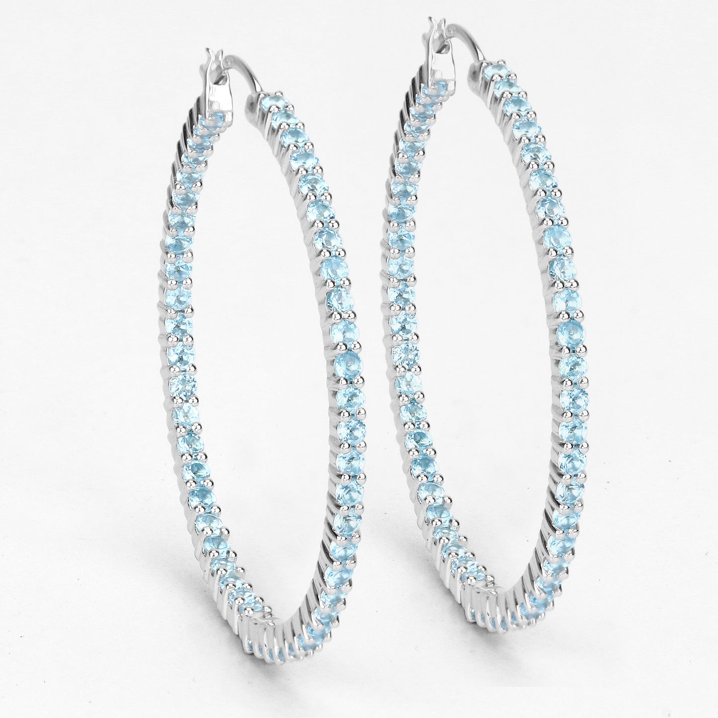 Natural Swiss Blue Topaz Hoop Earrings Total 3.60 Carats Rhodium Plated Silver