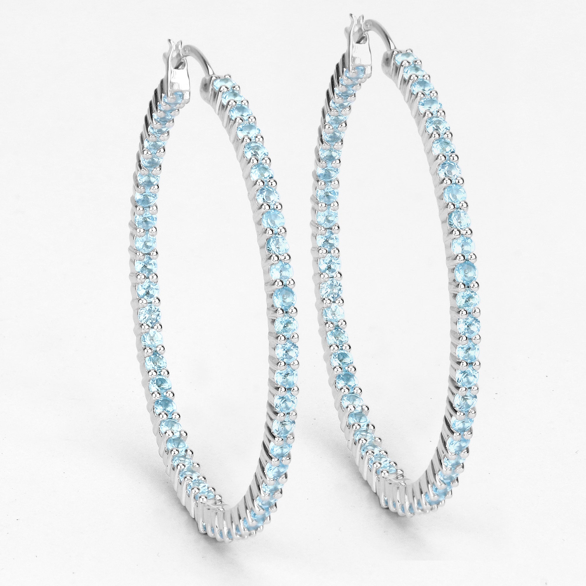 Natural Swiss Blue Topaz Hoop Earrings Total 3.60 Carats Rhodium Plated Silver