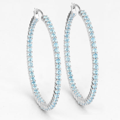 Natural Swiss Blue Topaz Hoop Earrings Total 3.60 Carats Rhodium Plated Silver