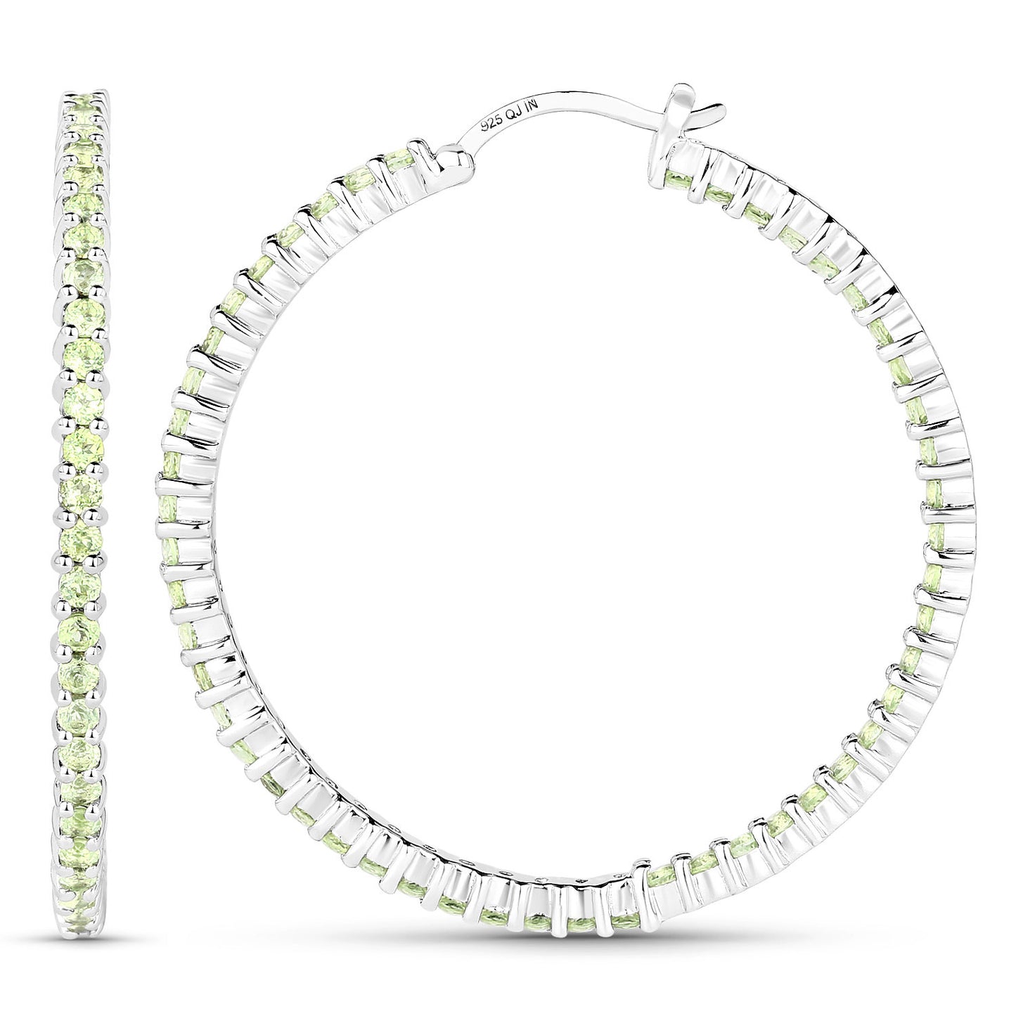 Natural Peridot Hoop Earrings Total 3.50 Carats Rhodium Plated Silver