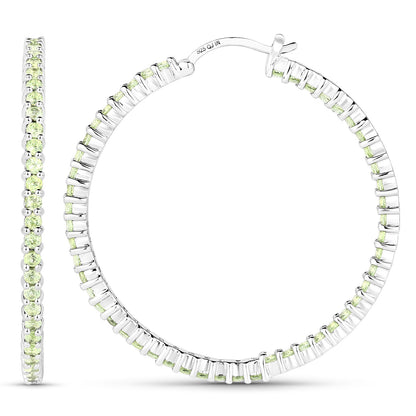 Natural Peridot Hoop Earrings Total 3.50 Carats Rhodium Plated Silver