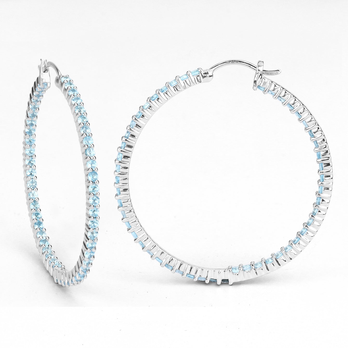 Natural Swiss Blue Topaz Hoop Earrings Total 3.60 Carats Rhodium Plated Silver