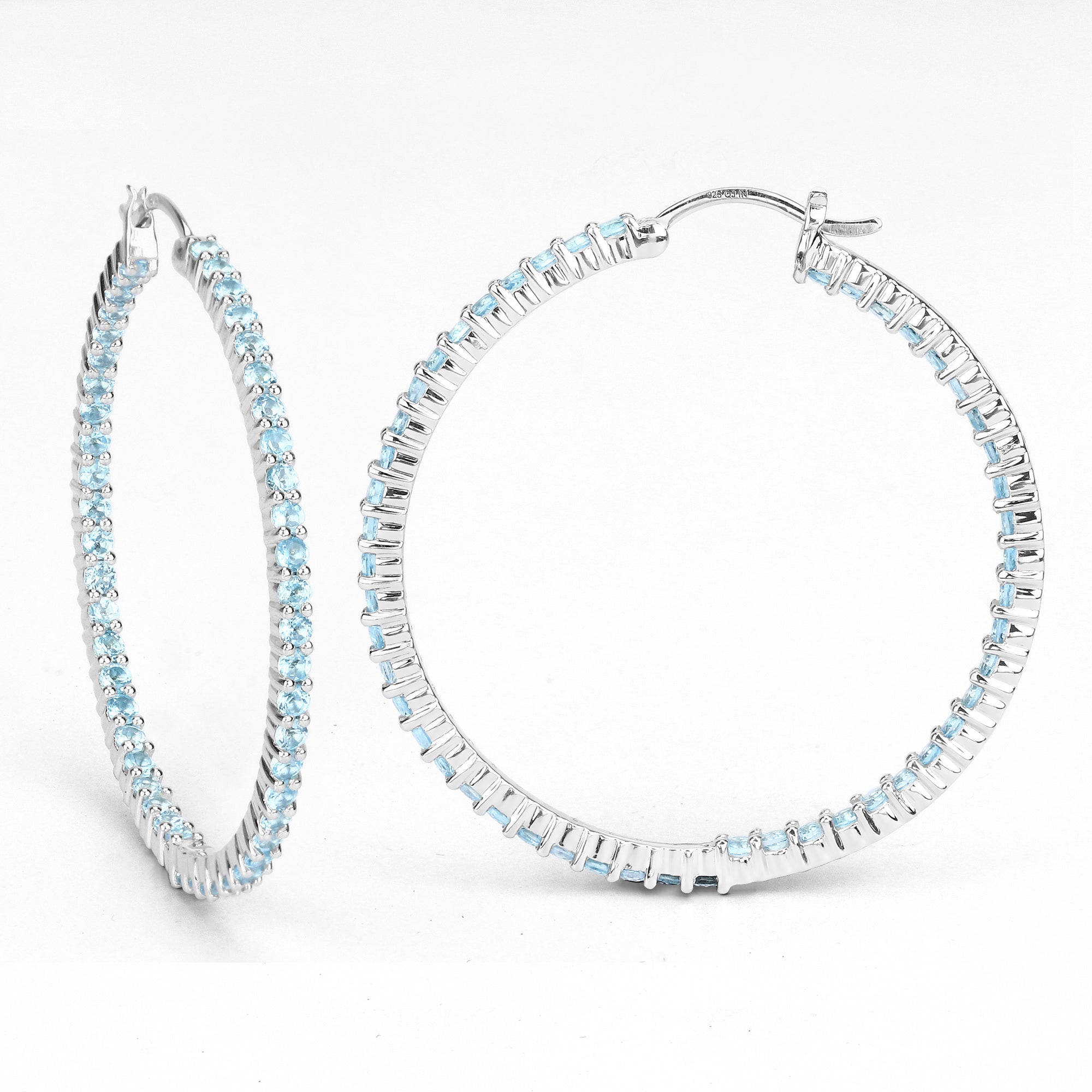 Natural Swiss Blue Topaz Hoop Earrings Total 3.60 Carats Rhodium Plated Silver