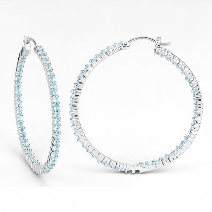 Natural Swiss Blue Topaz Hoop Earrings Total 3.60 Carats Rhodium Plated Silver