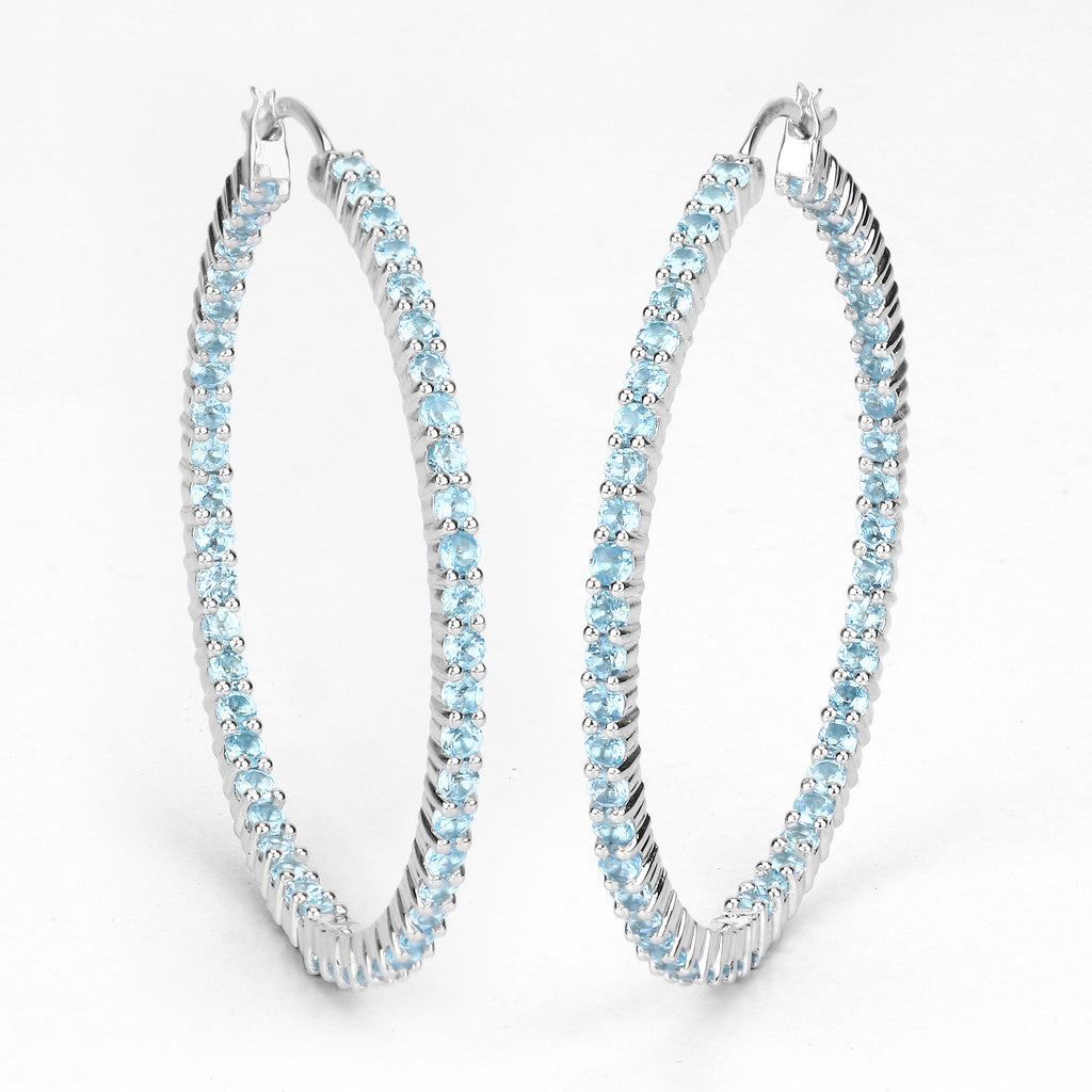 Natural Swiss Blue Topaz Hoop Earrings Total 3.60 Carats Rhodium Plated Silver