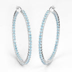 Natural Swiss Blue Topaz Hoop Earrings Total 3.60 Carats Rhodium Plated Silver