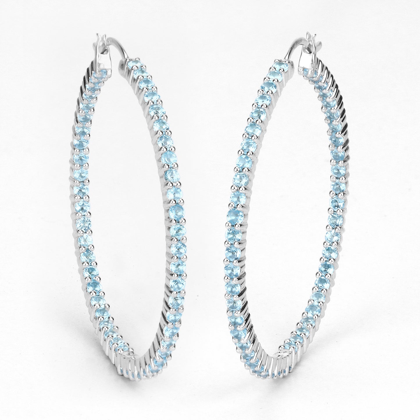 Natural Swiss Blue Topaz Hoop Earrings Total 3.60 Carats Rhodium Plated Silver