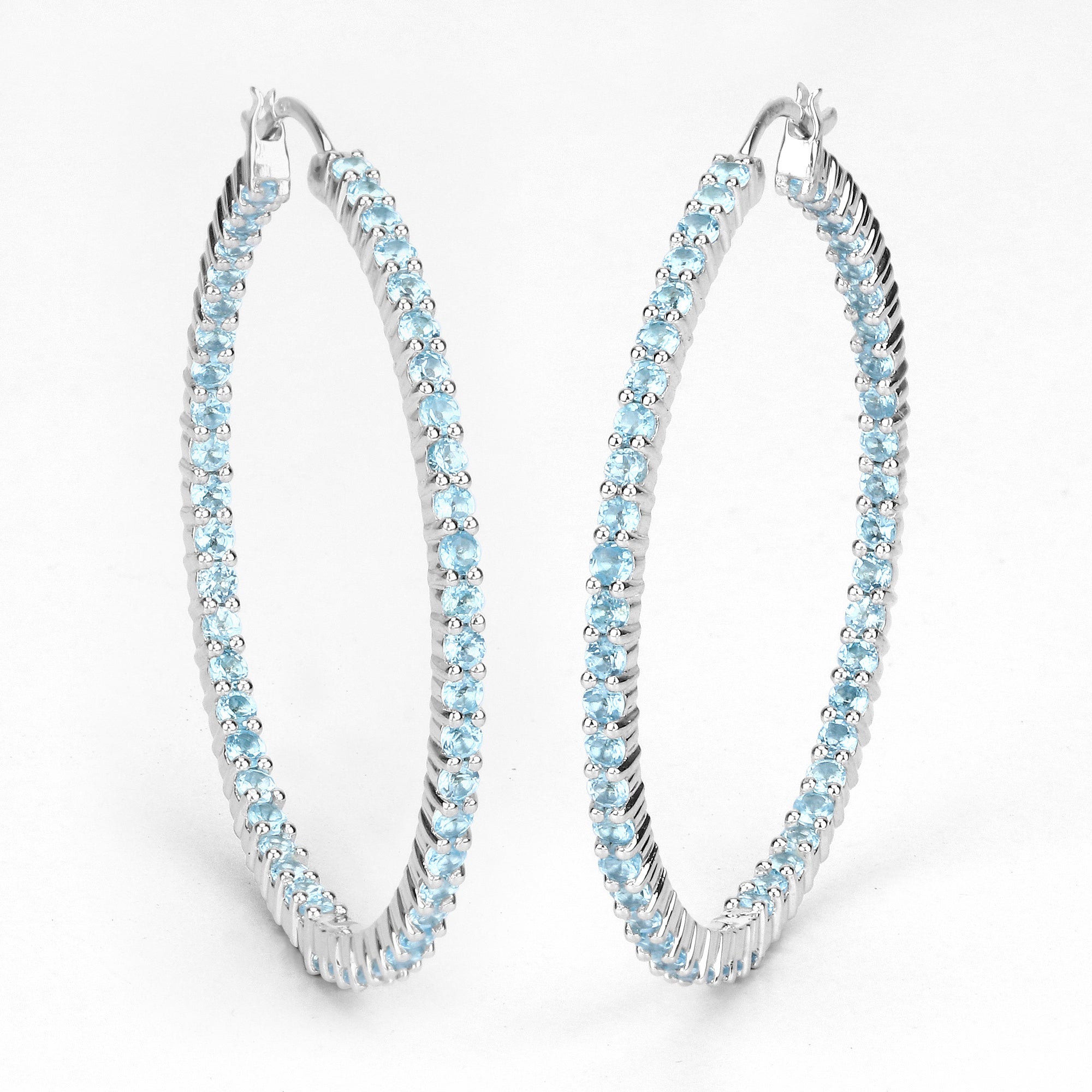 Natural Swiss Blue Topaz Hoop Earrings Total 3.60 Carats Rhodium Plated Silver