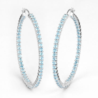 Natural Swiss Blue Topaz Hoop Earrings Total 3.60 Carats Rhodium Plated Silver
