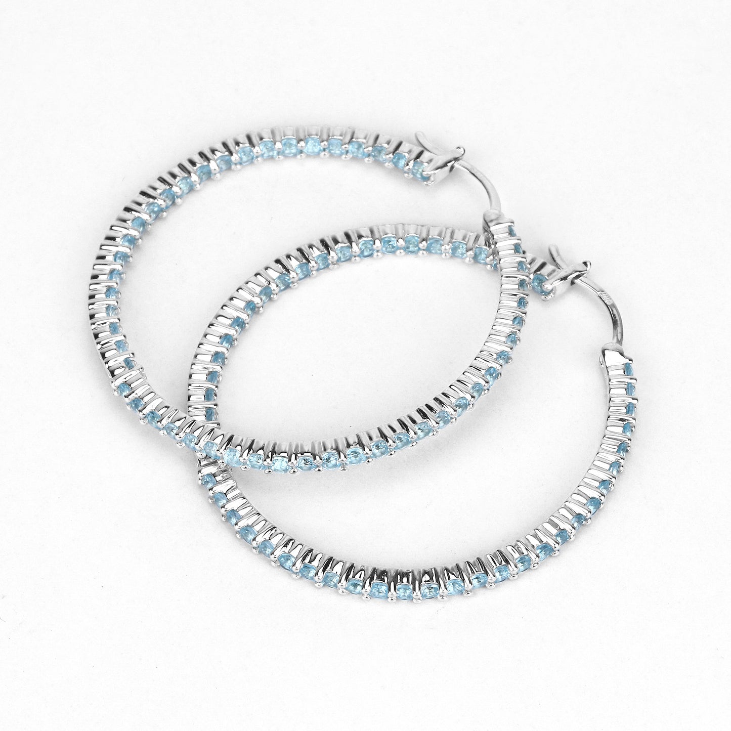 Natural Swiss Blue Topaz Hoop Earrings Total 3.60 Carats Rhodium Plated Silver