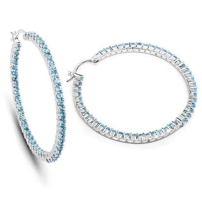Natural Swiss Blue Topaz Hoop Earrings Total 3.60 Carats Rhodium Plated Silver