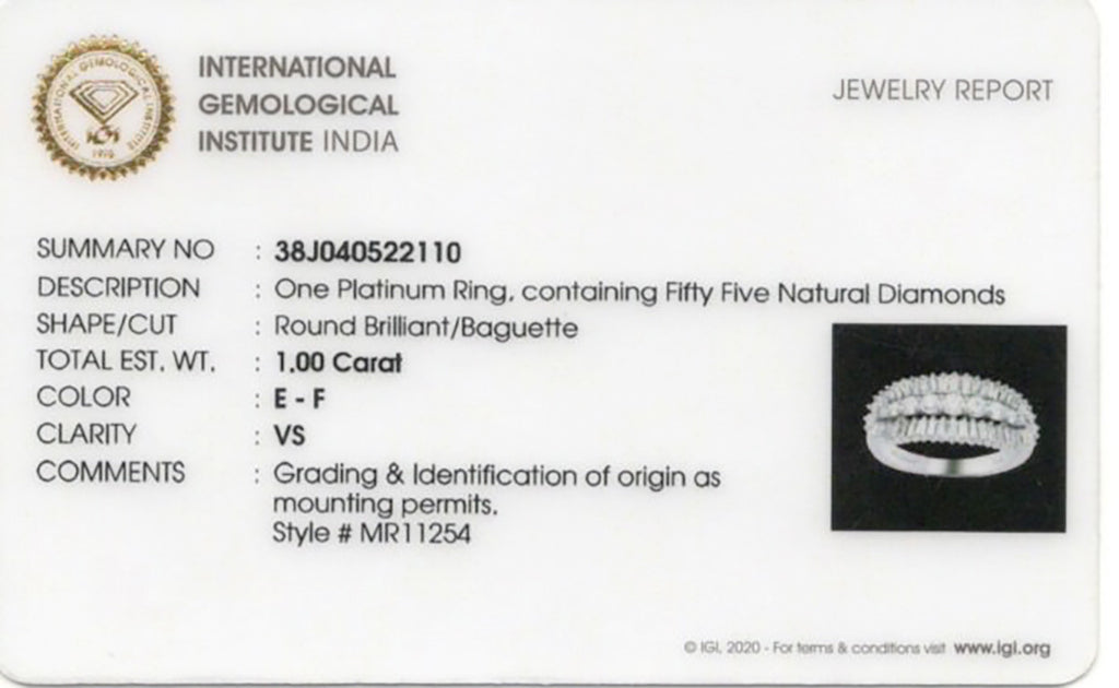 IGI Certified Diamond Ring 1 Carats Total Platinum