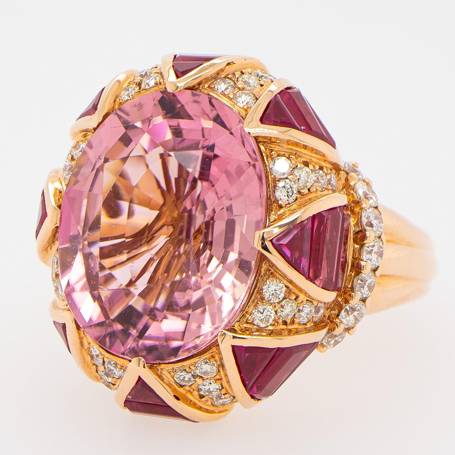 Cocktail 10 Carat Topaz Ring Set with Rubies and Diamonds 18K Yellow Gold