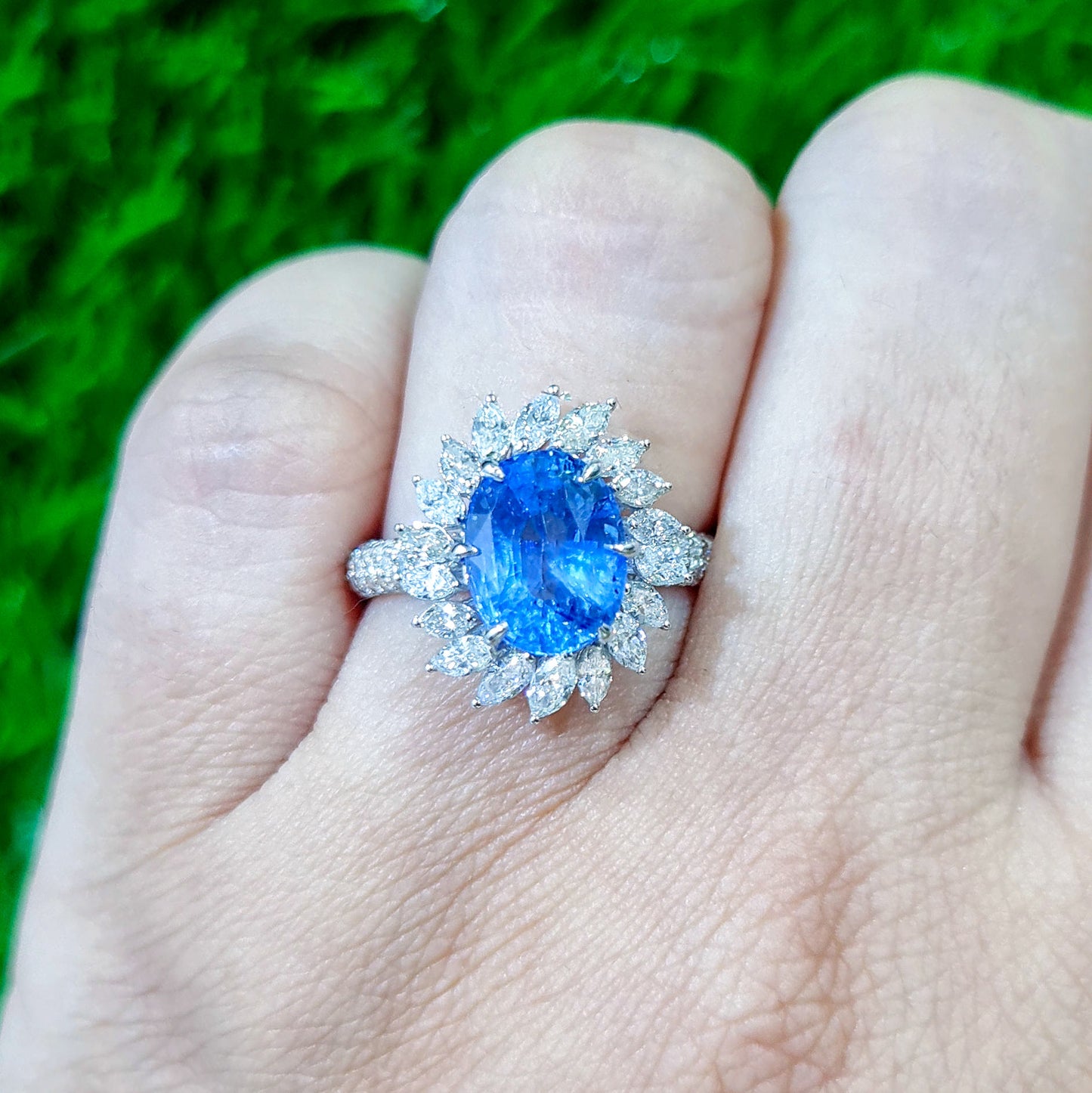 Oval Blue Sapphire Ring Marquise Diamond Halo 5.82 Carats 18K Gold