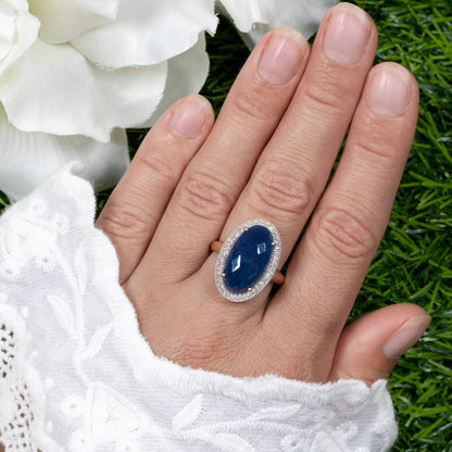 Deep Blue Rose Cut 10 Carat Sapphire Cocktail Ring Diamond Halo 14K Yellow Gold