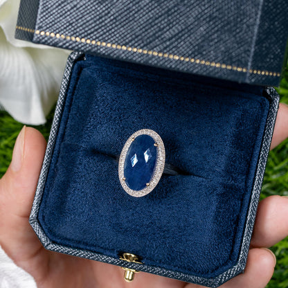 Deep Blue Rose Cut 10 Carat Sapphire Cocktail Ring Diamond Halo 14K Yellow Gold