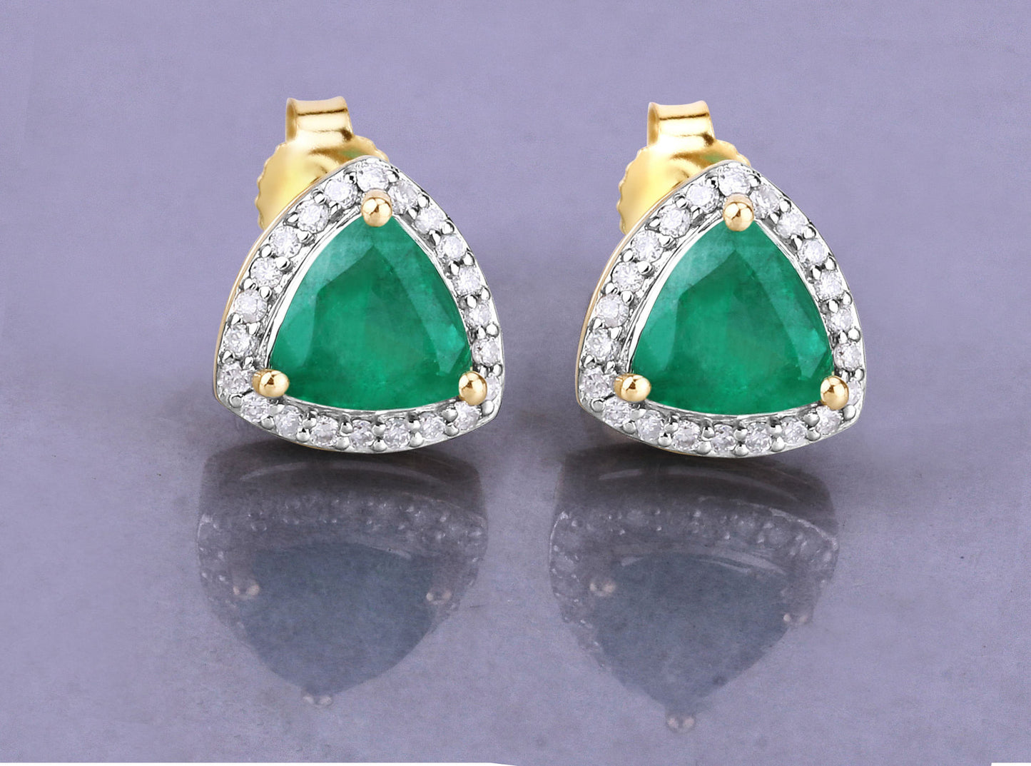 Natural Zambian Emerald and Diamond Halo Stud Earrings  14K Yellow Gold