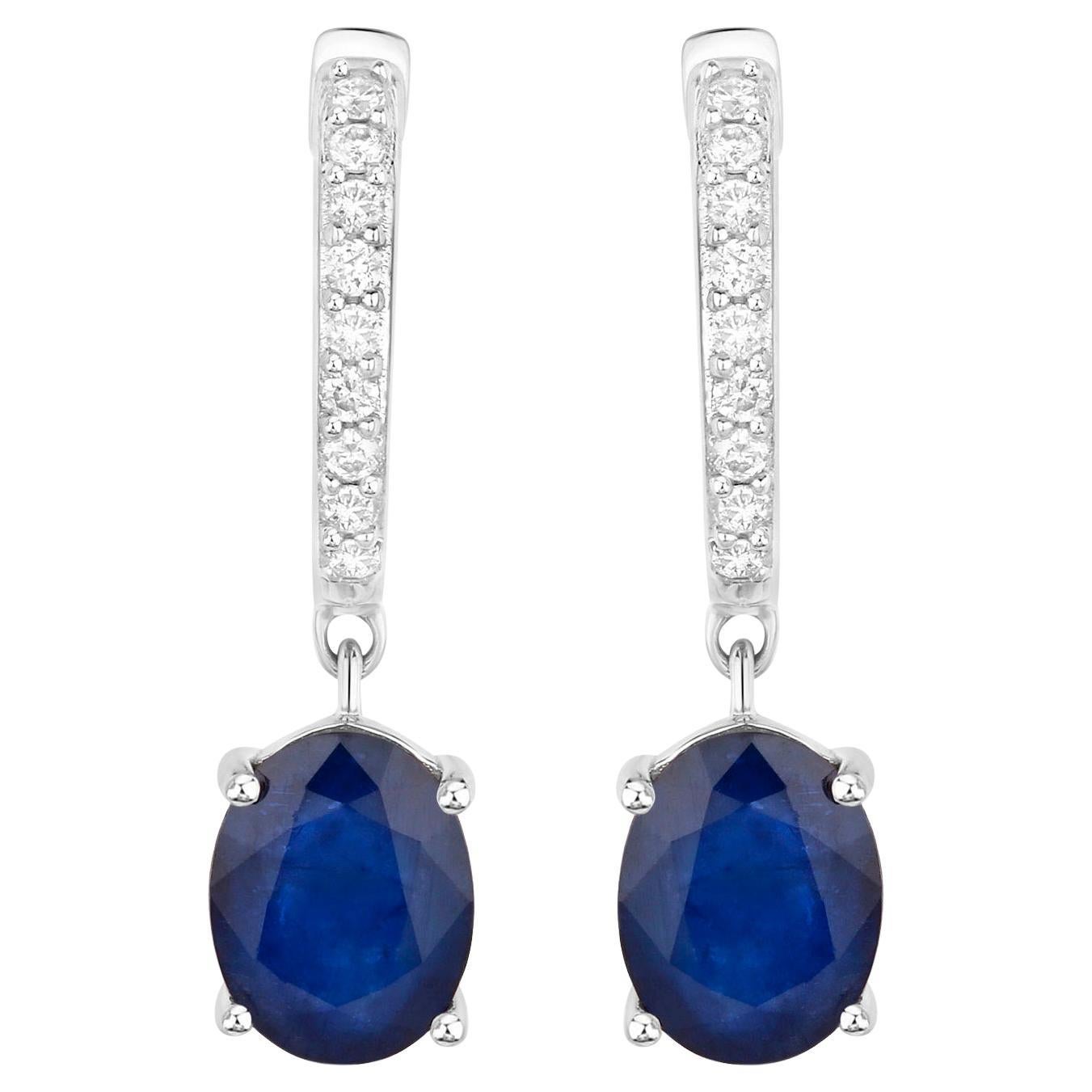 Blue Sapphire Dangle Earrings Diamonds 3.2 Carats 14K White Gold