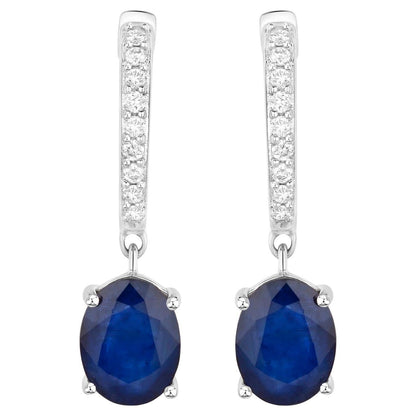 Blue Sapphire Dangle Earrings Diamonds 3.2 Carats 14K White Gold