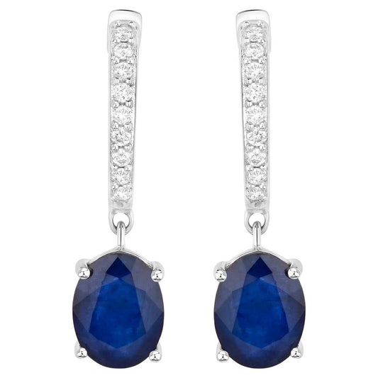 Blue Sapphire Dangle Earrings Diamonds 3.2 Carats 14K White Gold