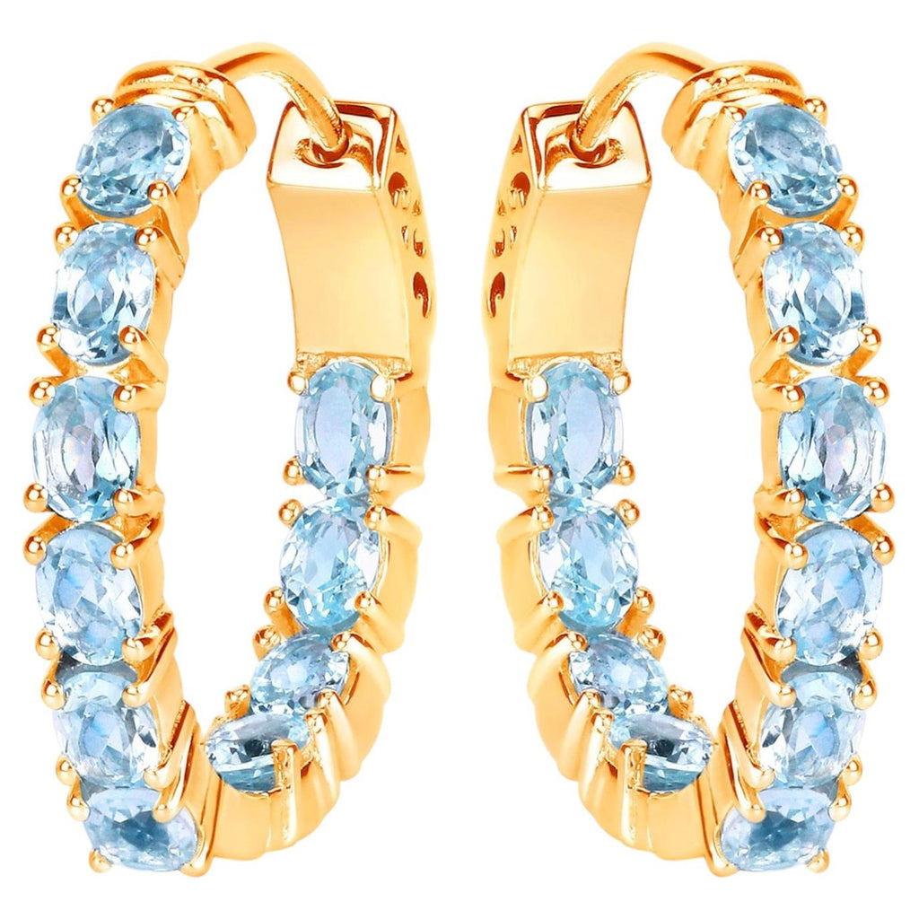 Blue Topaz Hoop Earrings 3.78 Carats Gold Plated Silver