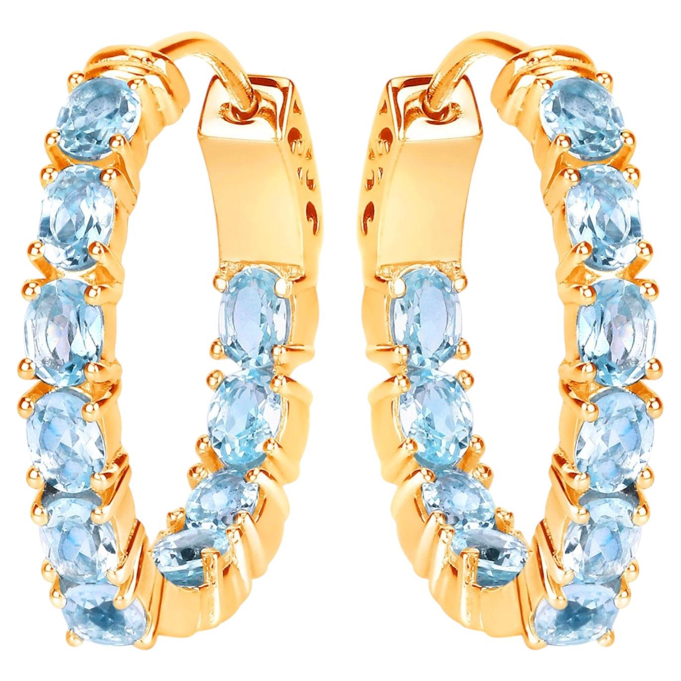 Blue Topaz Hoop Earrings 3.78 Carats Gold Plated Silver