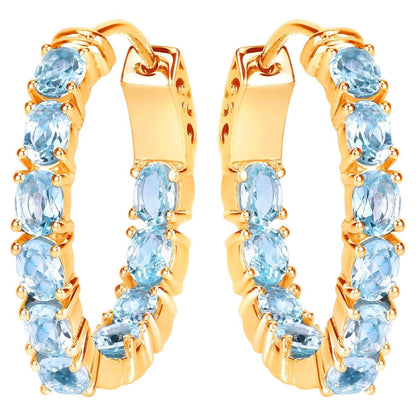 Blue Topaz Hoop Earrings 3.78 Carats Gold Plated Silver