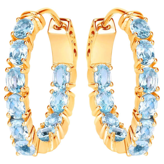 Blue Topaz Hoop Earrings 3.78 Carats Gold Plated Silver