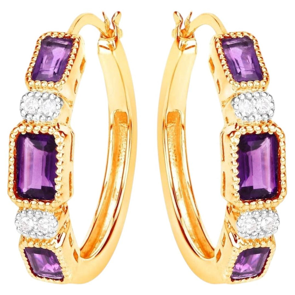 Amethyst Hoop Earrings With White Topaz 2.12 Carats Gold Plated Silver